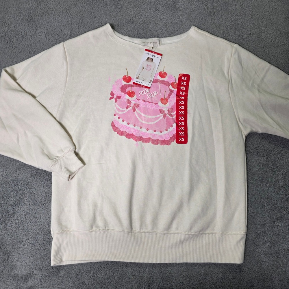 State of Mine Womens XS VDay Pullover Cream Pink Heart Cake Graphic Sweatshirt